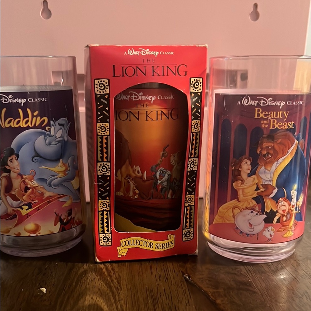 1994 Disney Collector Cups. The Lion King, Aladdin, and beauty and the beast.